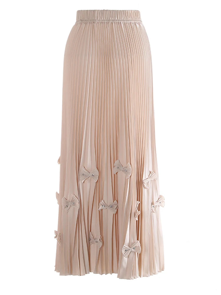 High Elastic Waist Red Bow Rhinestones Pleated A-line Half-body Skirt Women Fashion Tide New Spring Autumn 2025 1DJ1260
