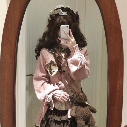 Load image into Gallery viewer, Japanese Sweet Lolita Cardigans Women Y2k Aesthetic Hollow Out Bandage Sweater Kawaii Bow Pocket 2025 Casual Streetwear JK Tops
