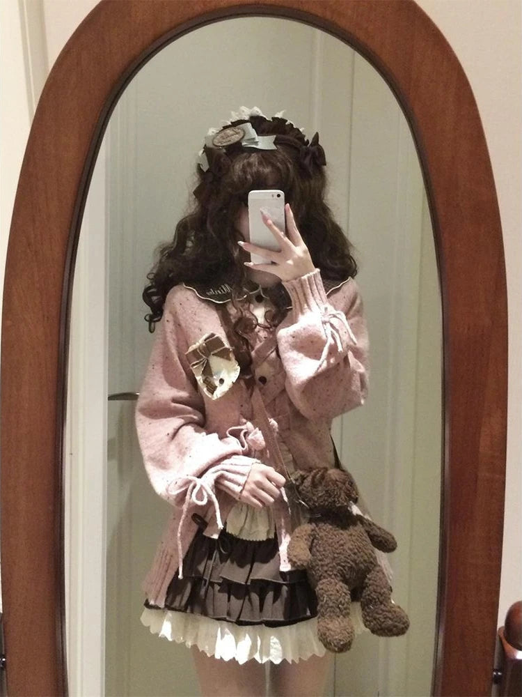 Japanese Sweet Lolita Cardigans Women Y2k Aesthetic Hollow Out Bandage Sweater Kawaii Bow Pocket 2025 Casual Streetwear JK Tops