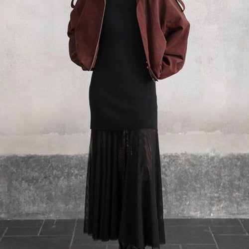 Load image into Gallery viewer, Slimming Spliced Meah Knit Dresses for Women Stand Neck Sleeveless Patchwork Folds Elegant Dress Female Clothes New
