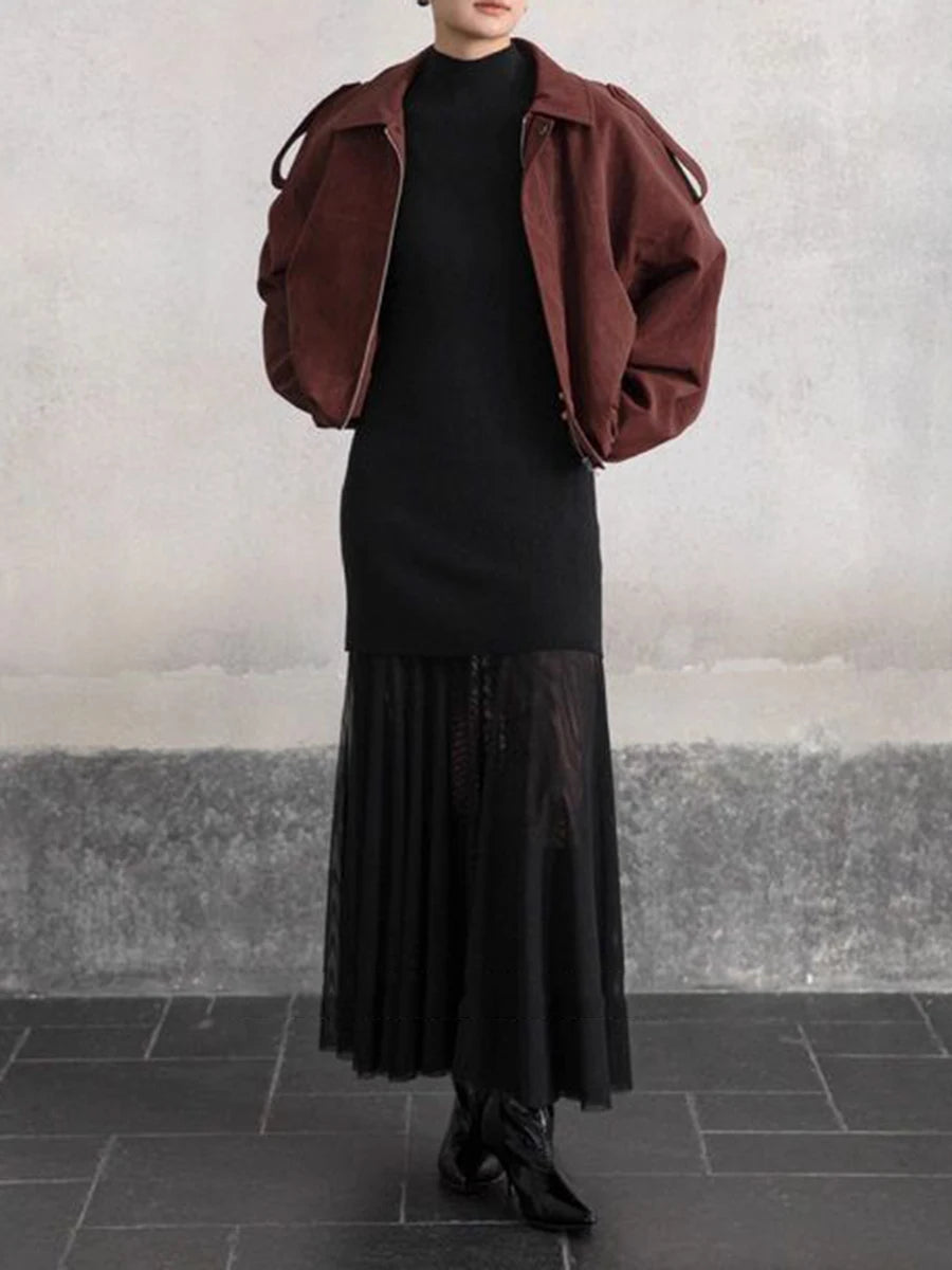 Slimming Spliced Meah Knit Dresses for Women Stand Neck Sleeveless Patchwork Folds Elegant Dress Female Clothes New