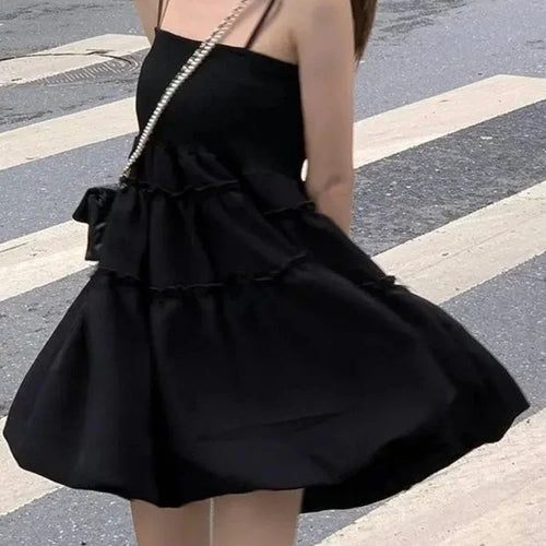 Load image into Gallery viewer, Summer Ruffles Slip Black Mini Dress Kawaii Cute Korean Fashion Spaghetti Strap Short Dresses Holiday Sundress Women
