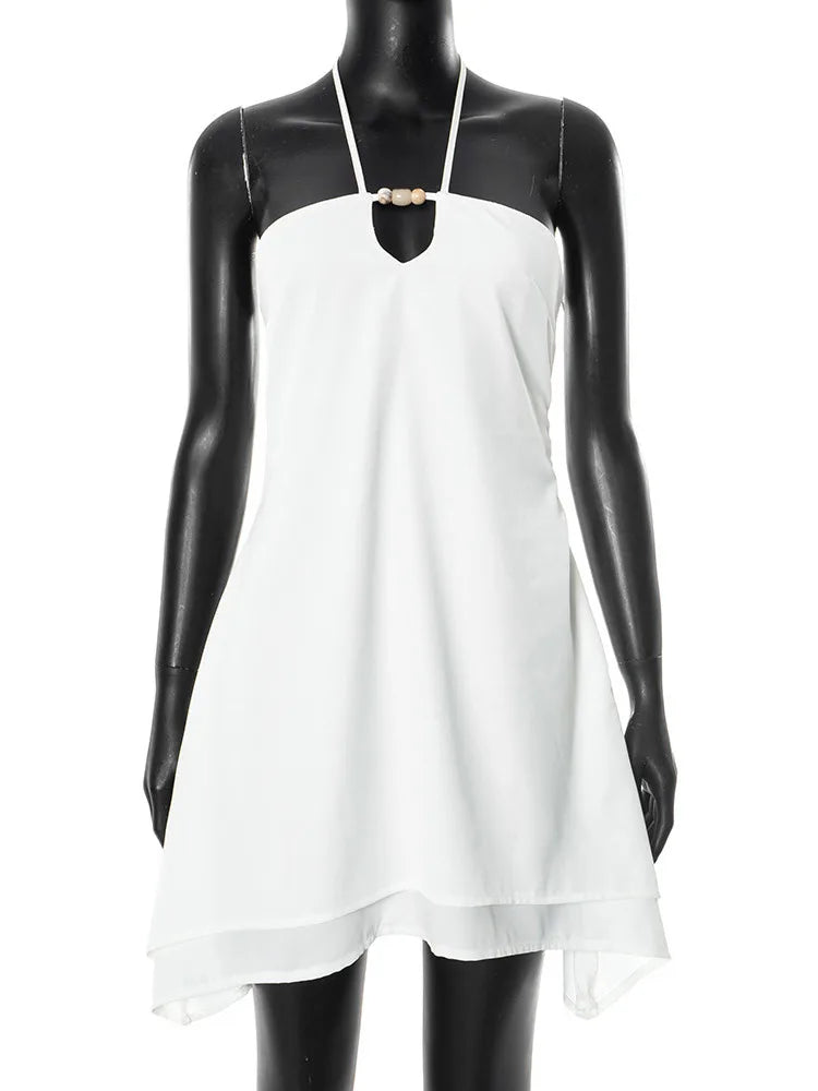 Halter Off-shoulder Backless Sexy Mini Dress Women White Hollow Out Strapless Lace-up A-line Club Dress Summer 2025