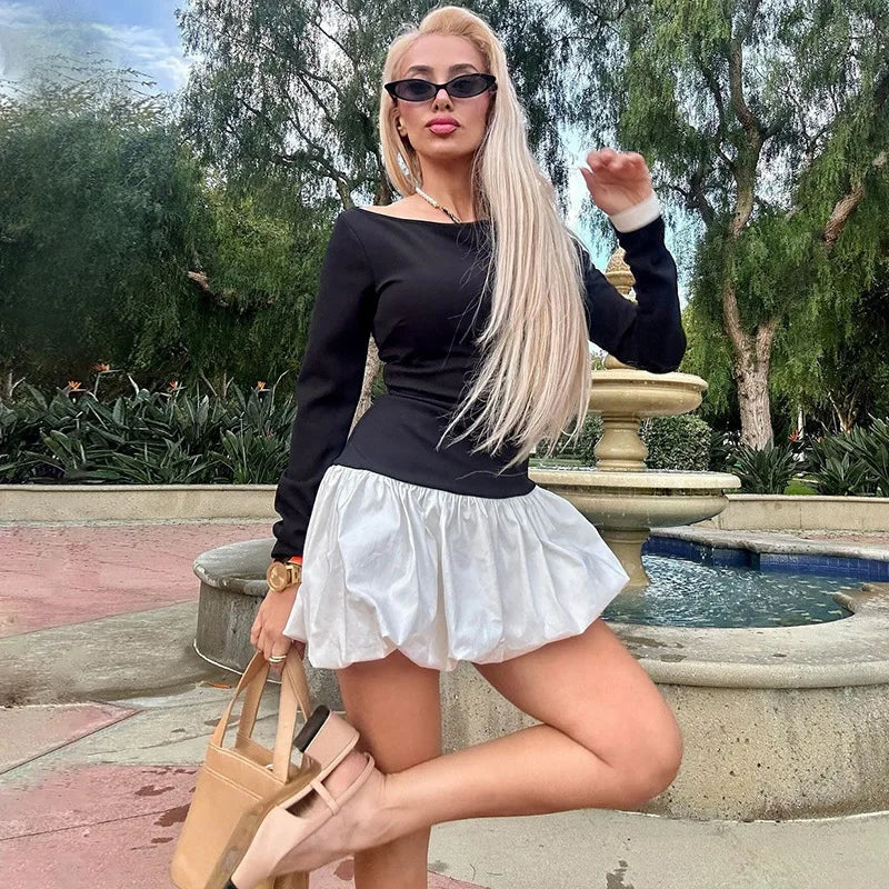 Patchwork Long Sleeve Sexy Mini Dress For Women Color Contrast High Waist A-line Club Party Sexy Puffy Dress Elegant