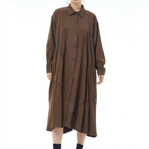 Load image into Gallery viewer, Women Coffee Pleated Spliced Big Size Midi Shirt Dress New Lapel Long Sleeve Fashion Tide Spring Autumn 2025 1DH7416

