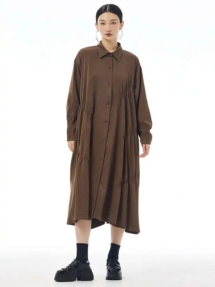 Women Coffee Pleated Spliced Big Size Midi Shirt Dress New Lapel Long Sleeve Fashion Tide Spring Autumn 2025 1DH7416