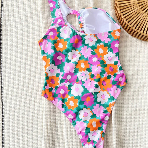 Load image into Gallery viewer, One Shoulder Floral One Piece Swimsuit 2024 Hollow Out Swimwear for Women Sexy Print Bathing Suit Cut Out Monokini
