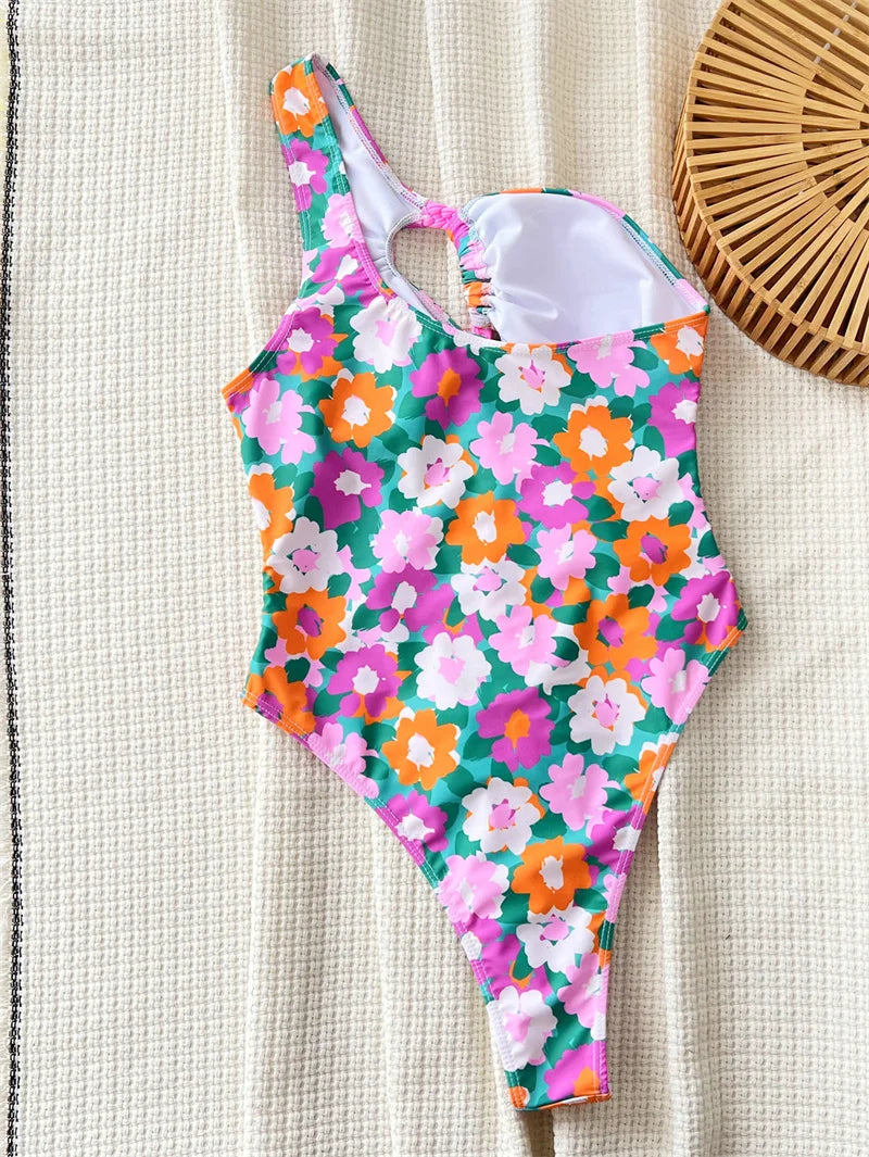 One Shoulder Floral One Piece Swimsuit 2024 Hollow Out Swimwear for Women Sexy Print Bathing Suit Cut Out Monokini