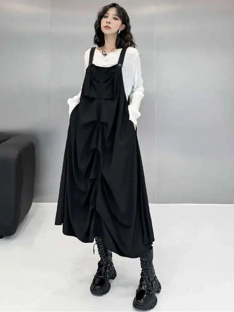 Women Black Pleated Irregular Big Size Strap Dress New Square Collar Sleeveless Fashion Tide Spring Autumn 2025 1DH6829