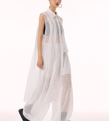 Women White Hollow Out Big Size Long Elegant Shirt Dress New Lapel Sleeveless Fashion Tide Spring Autumn 2025 1DH9424