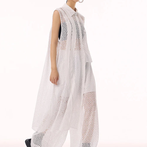 Load image into Gallery viewer, Women White Hollow Out Big Size Long Elegant Shirt Dress New Lapel Sleeveless Fashion Tide Spring Autumn 2025 1DH9424
