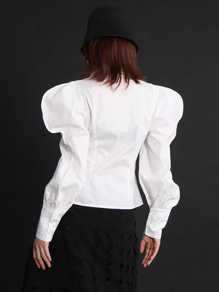 Korean Style Slim Shirt For Women V Neck Puff Sleeve Solid Minimalist Blouses Female Spring Clothing Fashion