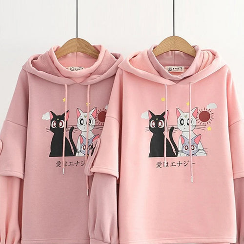 Load image into Gallery viewer, Fleece Pink Winter Hooded Sweatshirt Cartoon Cat Print Cute Hoodies Sweet Style Girl Long Sleeve Kawaii Harakuju Pullover Top
