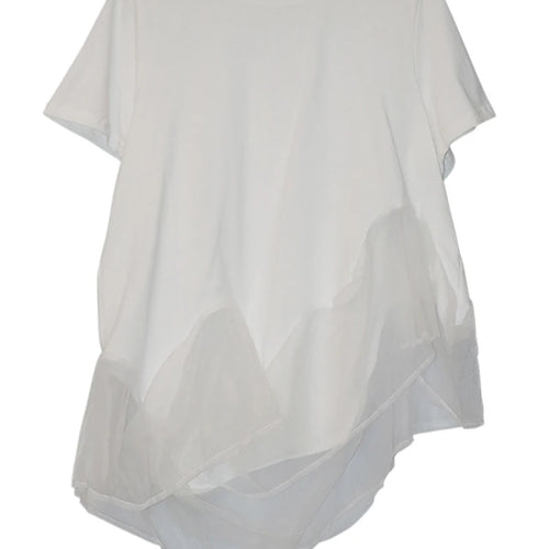 Load image into Gallery viewer, Women White Organza Irregular Hem Casual T-shirt New Round Neck Short Sleeve Fashion Tide Spring Summer 2025 1DJ1395
