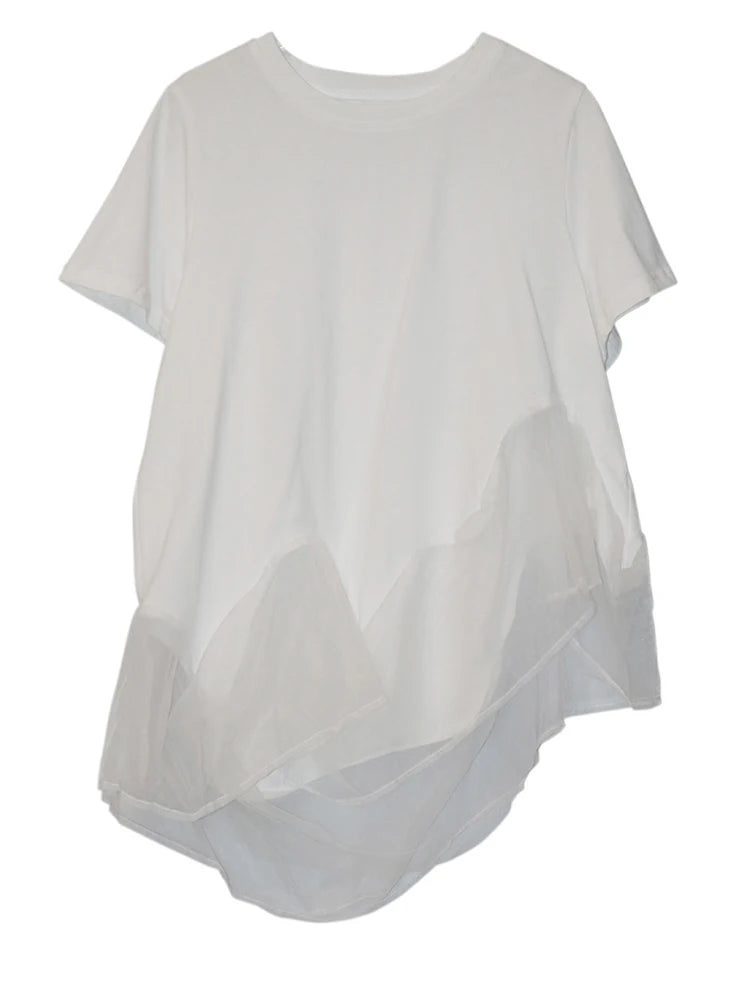 Women White Organza Irregular Hem Casual T-shirt New Round Neck Short Sleeve Fashion Tide Spring Summer 2025 1DJ1395