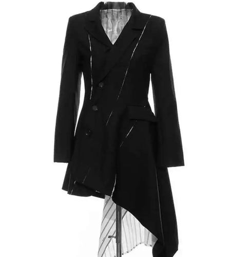 Women Black White Striped Spliced Irregular Dress New Round Neck Full Sleeve Loose Fit Fashion Spring Autumn 2025 1A320