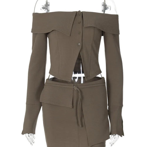 Load image into Gallery viewer, Sexy Two Piece Sets Women Off-shoulder Long Sleeve T-shirt And Mini Skirt Matching Sets Backless Sexy 2 Piece Sets
