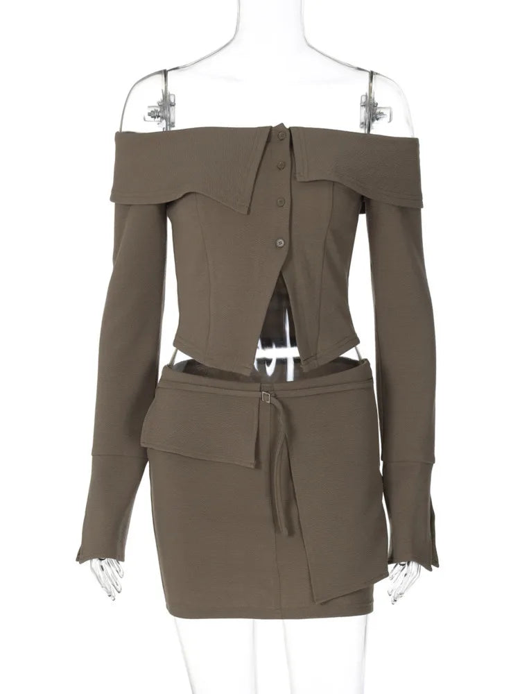 Sexy Two Piece Sets Women Off-shoulder Long Sleeve T-shirt And Mini Skirt Matching Sets Backless Sexy 2 Piece Sets