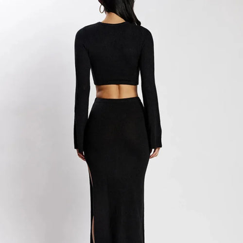 Load image into Gallery viewer, Knitting Sexy Hollow Out High Slit Women's Dress Flare Sleeve Tight O-Neck Dress Party Club Evening Vestidos 2023 New
