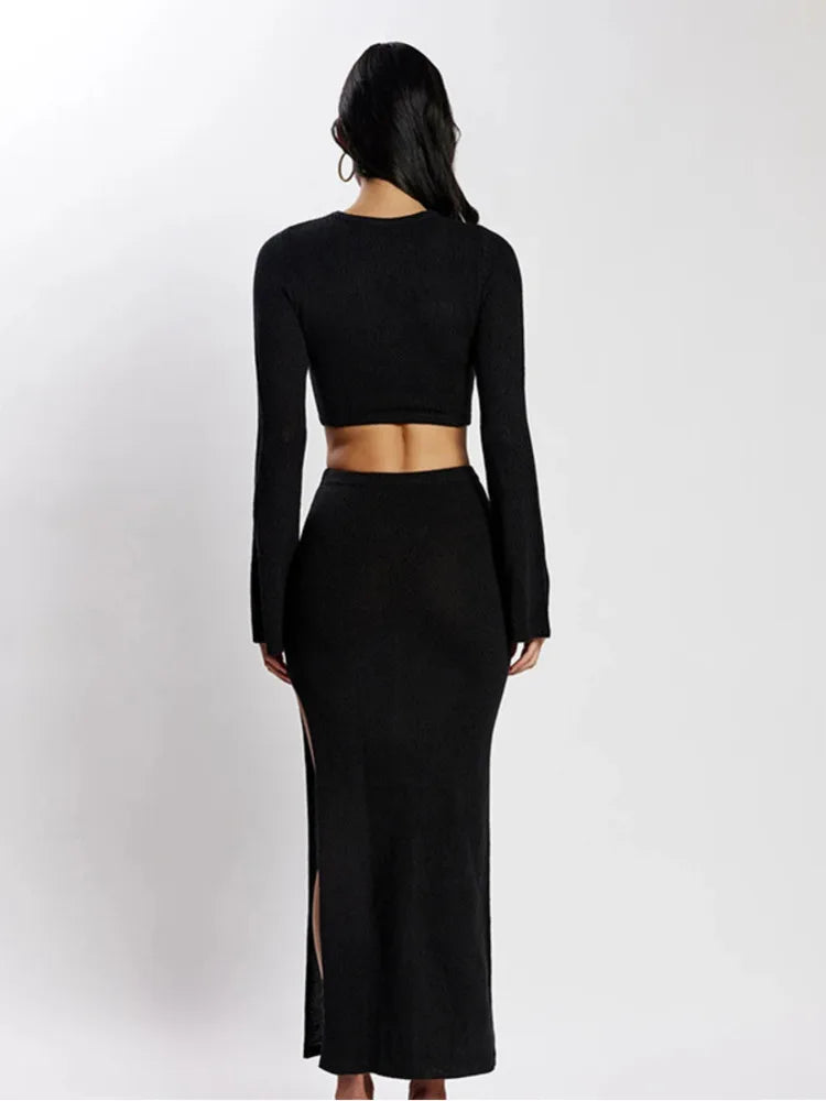 Knitting Sexy Hollow Out High Slit Women's Dress Flare Sleeve Tight O-Neck Dress Party Club Evening Vestidos 2023 New