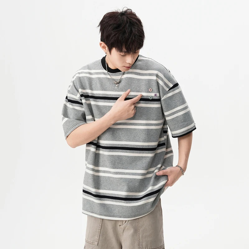 Striped Men's Short Sleeve T-shirts New Summer Contrast Color Button Design Casual Pullover Male Clothing 2025 9W1669