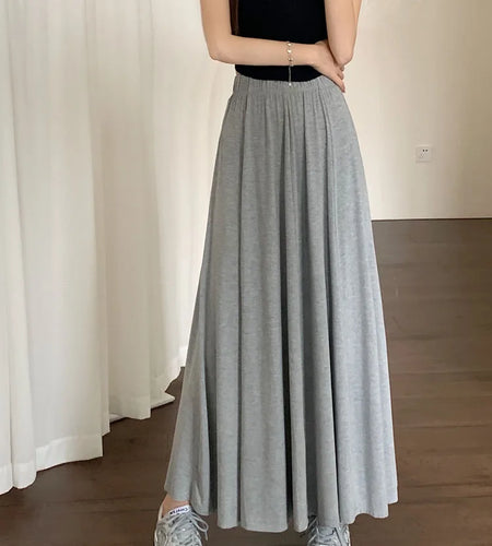 Korean Version Black Elegant Festival Pleated Half Skirts Gray Elastic High Waist A-line Long Skirt 2024 Summer Simplicity Trend