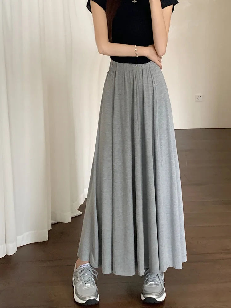 Korean Version Black Elegant Festival Pleated Half Skirts Gray Elastic High Waist A-line Long Skirt 2024 Summer Simplicity Trend