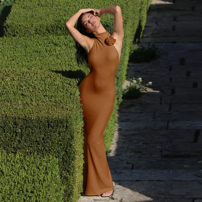 Flower Sleeveless Sexy Maxi Dress For Women Gown Fashion Halter Backless Bodycon Evening Club Long Dress Vestido