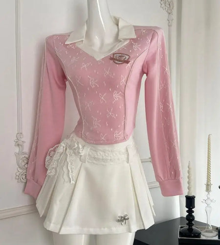 Women Autumn Winter 2024 New French Pink Splicing Elegant Long Sleeved Top And High Waist Lace Bandage Short Skirt Two Piece Set