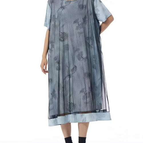 Load image into Gallery viewer, Women Blue Pattern Printed Mesh Big Size Midi Dress New Round Neck Short Sleeve Fashion Tide Spring Summer 2025 1DJ1326
