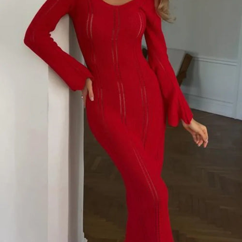 Load image into Gallery viewer, Elegant Knitted Sweater Long Sleeved V-neck Dress Women Slim Hollow Out Female Vesidos Party Club Evening Dress Vacation
