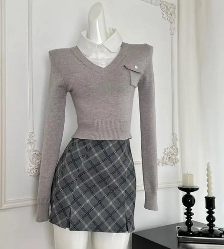 Autumn Winter Fashion Women Grey Patchwork Button Long Sleeved Knitted Tops And High Waist Plaid Short Skirt Two Pieces Set Chic