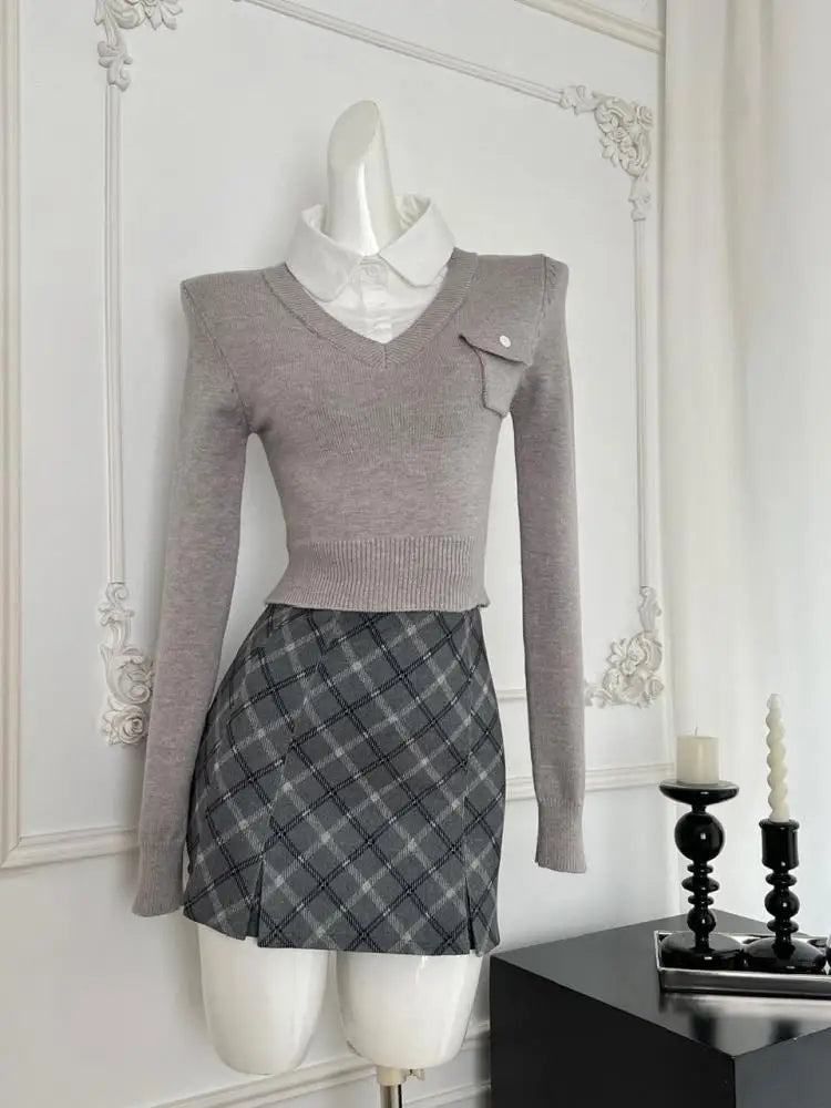 Autumn Winter Fashion Women Grey Patchwork Button Long Sleeved Knitted Tops And High Waist Plaid Short Skirt Two Pieces Set Chic