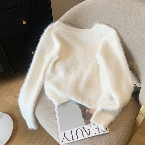 Load image into Gallery viewer, Autumn Winter White Pink Flower Decoration Knitted Cardigan Tops Women V Neck Single Breasted Long Sleeve Imitation Mink Sweater
