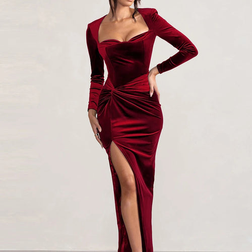 Load image into Gallery viewer, Velvet Sexy Maxi Dress For Women Square Collar Long Sleeve Ruched High Split Bodycon Party Elegant Long Dresses Vestido
