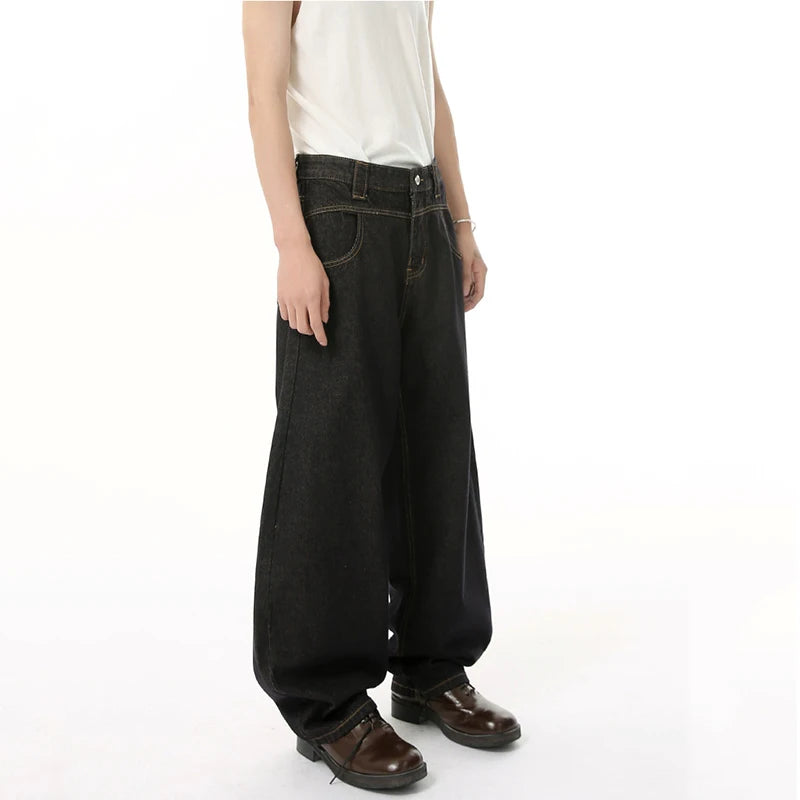 Men's Jeans New Niche Curved Knife Design Straight Wide Leg Trendy Solid Color Washed Male Bottoms American Style 9W1838