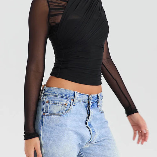 Load image into Gallery viewer, Sheer Mesh Long Sleeve Sexy T-shirt Women 2023 Autumn New V Neck Zipper Layered Skinny Club Party Sexy Tops
