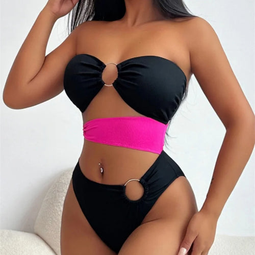 Load image into Gallery viewer, Block Color Cut Out Bandeau Metal Rings Women Swimwear One Piece Swimsuit 2024 Bathing Suit High Waist Monokini
