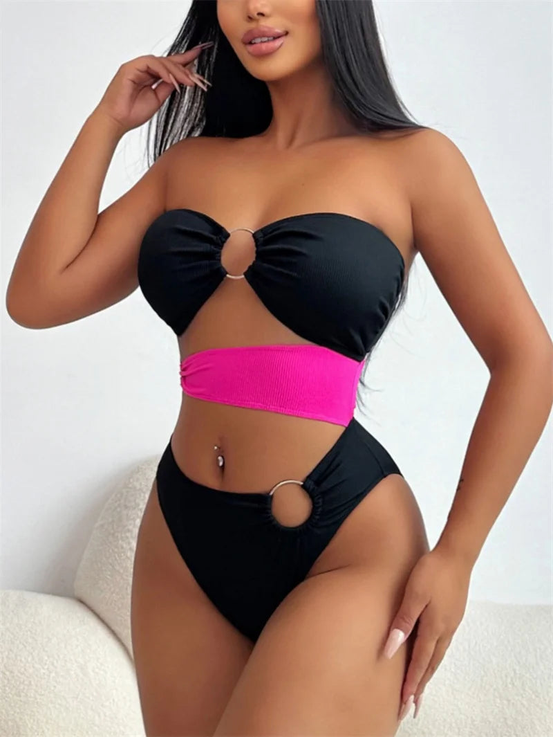 Block Color Cut Out Bandeau Metal Rings Women Swimwear One Piece Swimsuit 2024 Bathing Suit High Waist Monokini