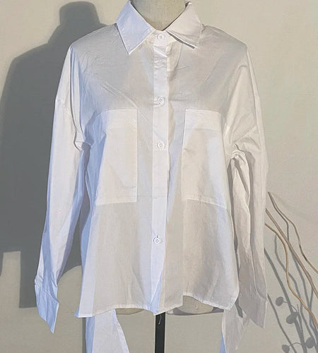 Women White Back Long Loose Big Size Irregular Shirt New Spring Autumn Lapel Long Sleeve Blouse Fashion 2025 Tide JU847