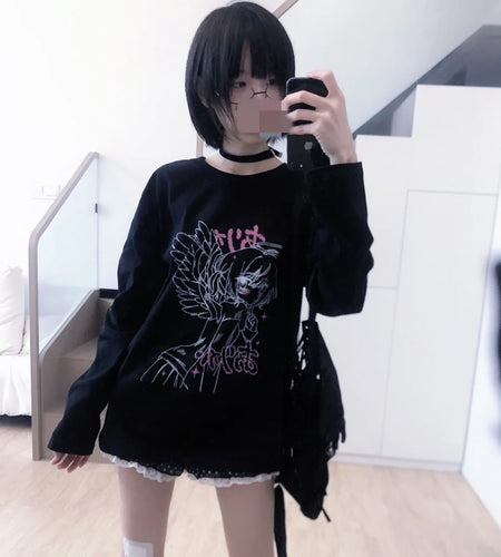 2023 Ropa Mujer Japanese Woman Tshirts Long Sleeve Anine Print O-neck Teees Casual Chic Y2k Tops Sweet White Oversized T Shirt