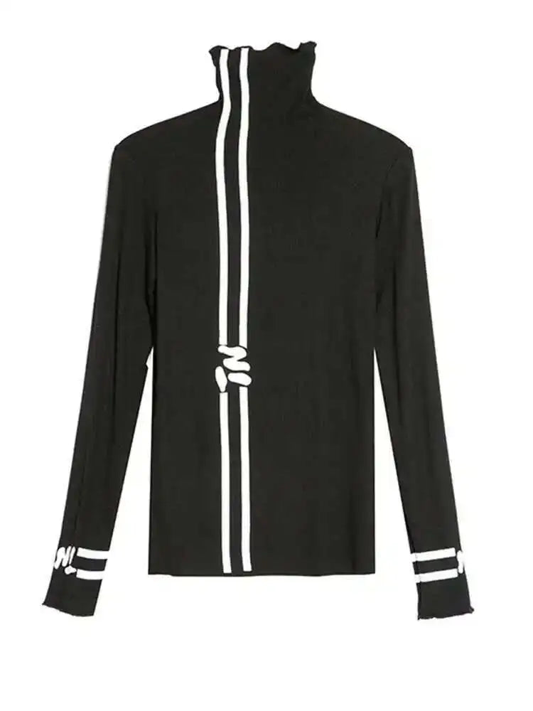 Women Black Letter  Print Slim High Elastic Casual T-shirt New Turtleneck Long Sleeve Fashion Spring Autumn 2025 1DF4651