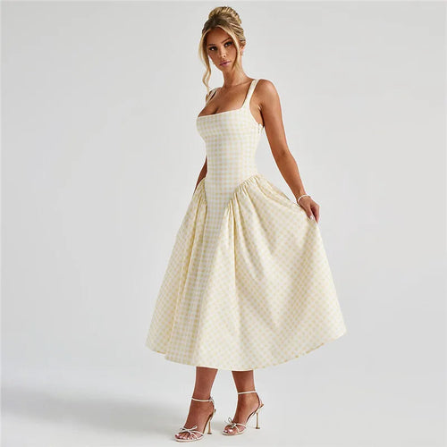 Load image into Gallery viewer, Plaid Printed Maxi Dress For Women Gown Summer New Spaghetti Strap High Waist A-line Backless Club Long Dress Vestido
