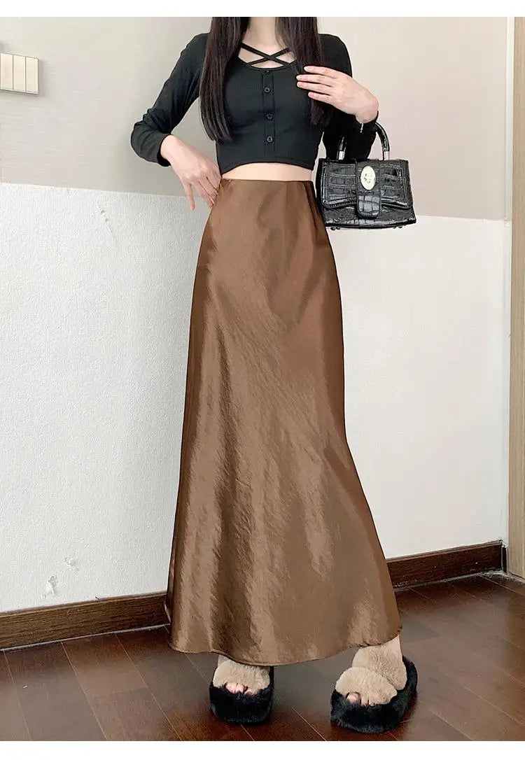 Korean Elegant Black Red Long Skirt Women Autumn Winter Brown High Waist Office Ladies Slim Straight Fishtail Skirt Trend Simple