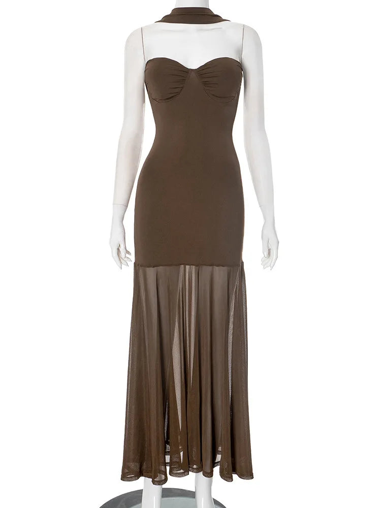 Scarf collar strapless sexy maxi dress women gown off-shoulder backless sleeveless A-line bodycon club long dress