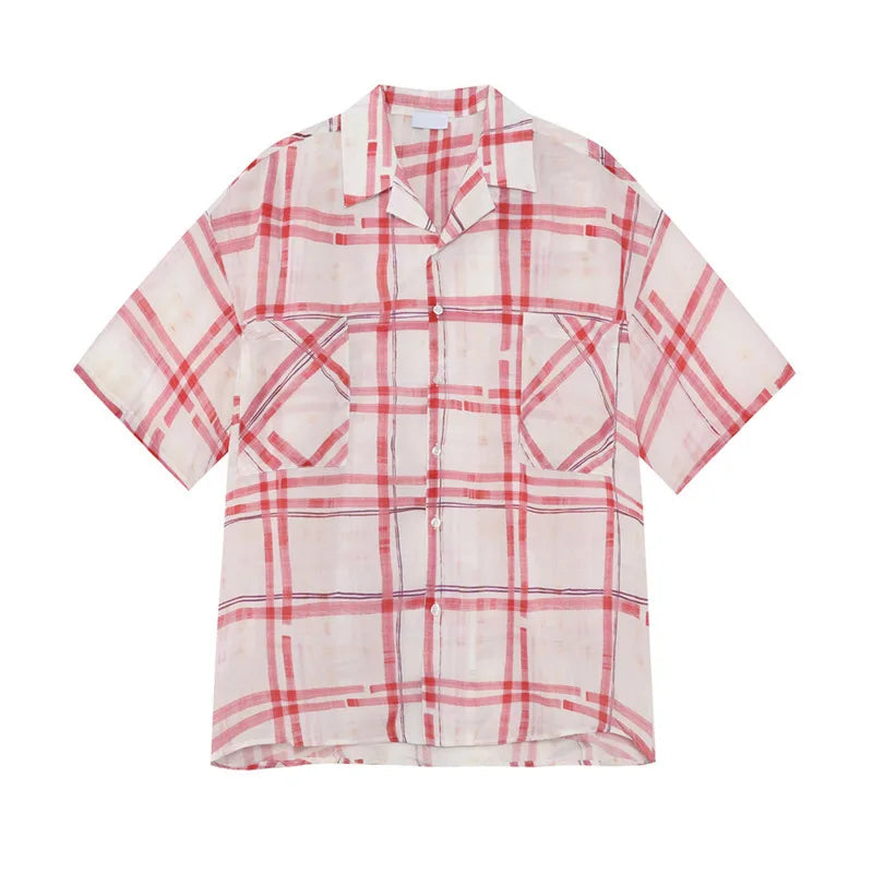 Summer Men's Shirt Lapel Irregular Plaid Contrast Color Design Single Breasted Loose Short Sleeved Niche Male Tops 9W1257