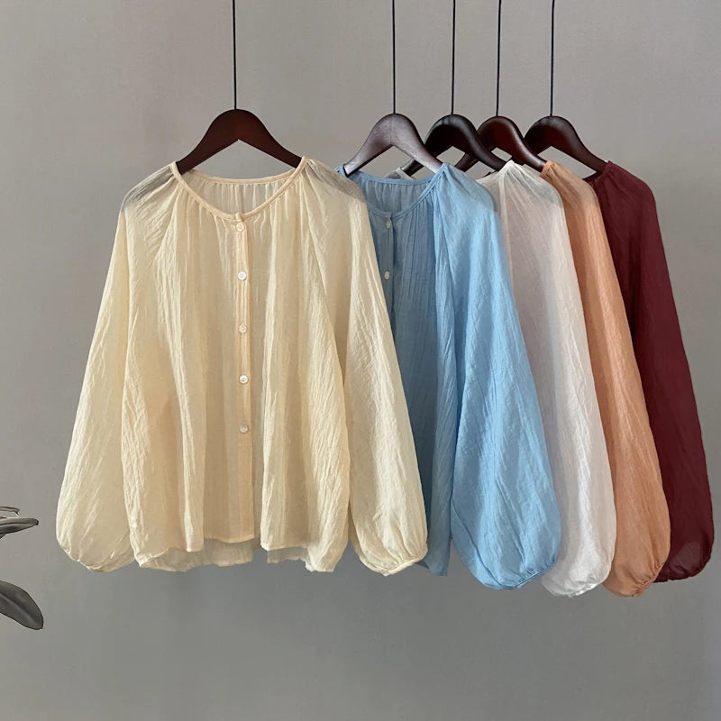 Retro Round Neck Blouse Women Spring Summer Solid Pleated Shirt Fashion Holiday Long Sleeve Top 2024 Casual Loose Sun Protection