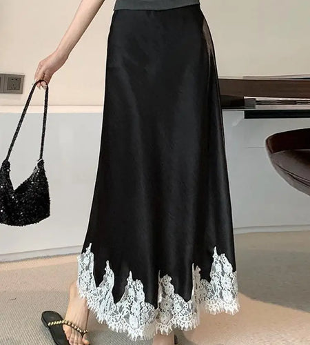 French Vintage Spring Summer Black Patchwork Lace Pleated Long Skirts Women Beige Elegant High Waist Slim Wrap Hip Skirt Fashion
