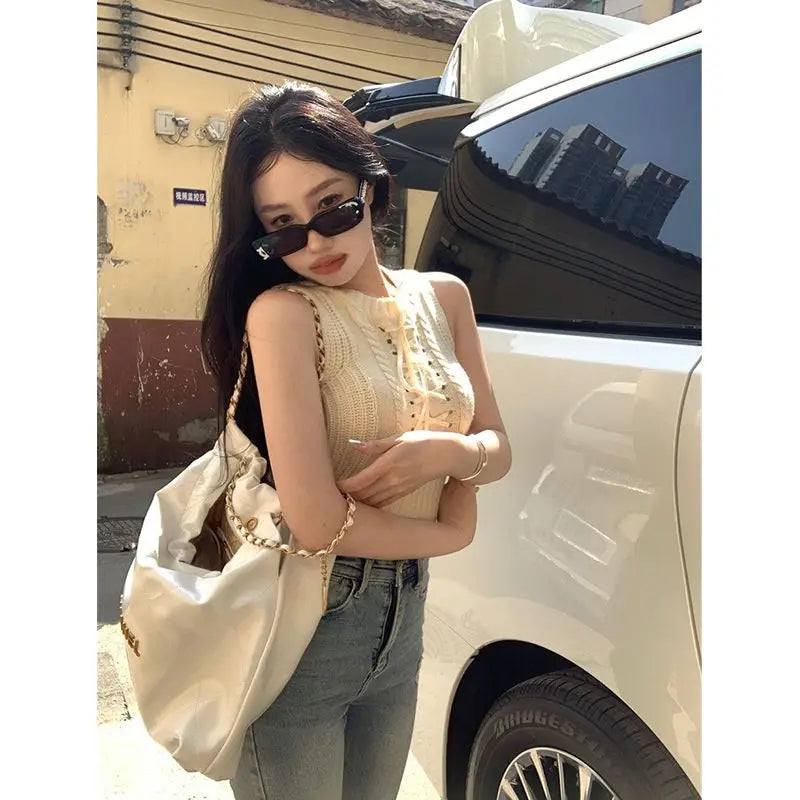 Knitted Ribbed Woman Tshirts O-neck Sleeveless Tunic Tees 2023 Ropa Mujer Hollow Out Bandage Crop Tops Casual Sexy Chic T-shirt