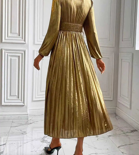 Wedding Prom Party Elegant Long Dresses Women Pleated V-Neck Dresses 2025 Spring Autumn Long Sleeves Gown Gold Dress